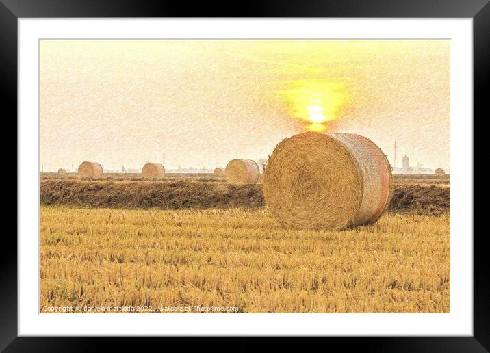 PENCIL SKETCH EFFECT on close-up of a hay cylindrical bale in a farmland Framed Mounted Print by daniele mattioda