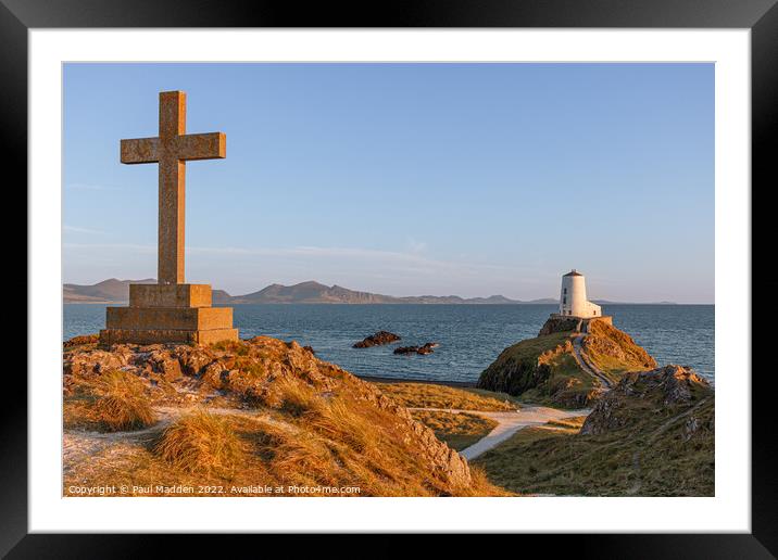 Goleudy Twr Mawr lighthouse and cross Framed Mounted Print by Paul Madden