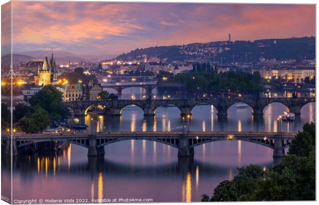 Evening view over the Vltava bridges in Prague Canvas Print by Melanie Viola