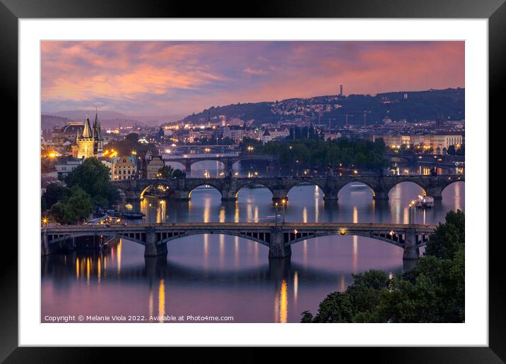 Evening view over the Vltava bridges in Prague Framed Mounted Print by Melanie Viola