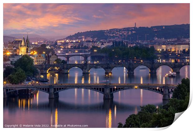 Evening view over the Vltava bridges in Prague Print by Melanie Viola