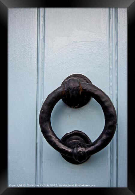 Black Door Knocker on Blue Wooden Door Framed Print by Christine Kerioak