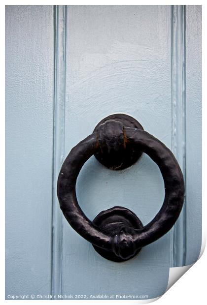 Black Door Knocker on Blue Wooden Door Print by Christine Kerioak