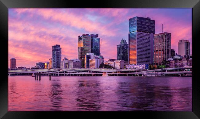 Brisbane Skyline at Sunset Framed Print by John Frid
