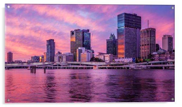 Brisbane Skyline at Sunset Acrylic by John Frid