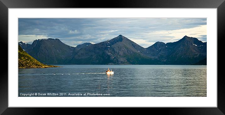 Small fishing boat in Fjords Framed Mounted Print by Derek Whitton