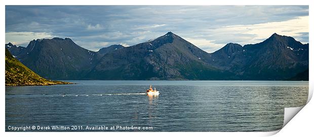 Small fishing boat in Fjords Print by Derek Whitton