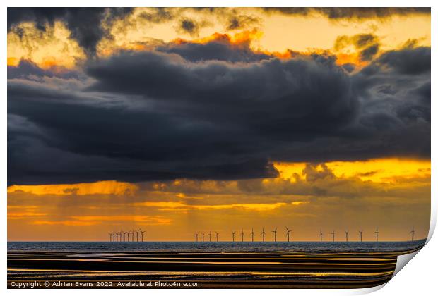  Rhyl Flats Offshore Wind Farm Sunset Print by Adrian Evans