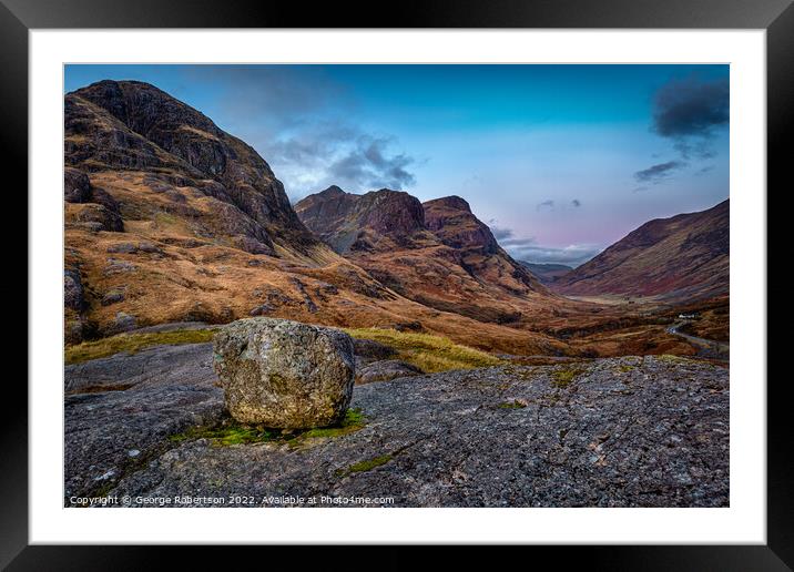 An Erratic rock above Glencoe Valley at sunrise Framed Mounted Print by George Robertson