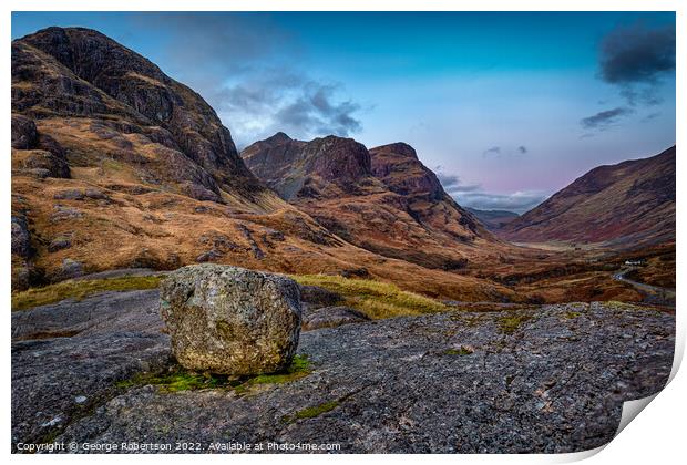 An Erratic rock above Glencoe Valley at sunrise Print by George Robertson