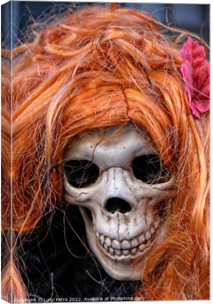 Skull wearing an orange wig. Canvas Print by Luigi Petro