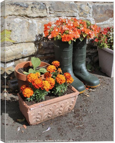 Wellingtons as Flower Pots Canvas Print by Kevin Maughan