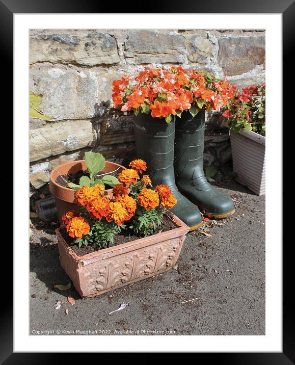 Wellingtons as Flower Pots Framed Mounted Print by Kevin Maughan