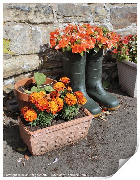 Wellingtons as Flower Pots Print by Kevin Maughan