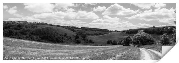 Valley on the Cranborne Chase in black and white Print by Stephen Munn