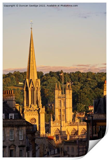 Last light catches St Michael's Church and the Bath Abbey Print by Duncan Savidge