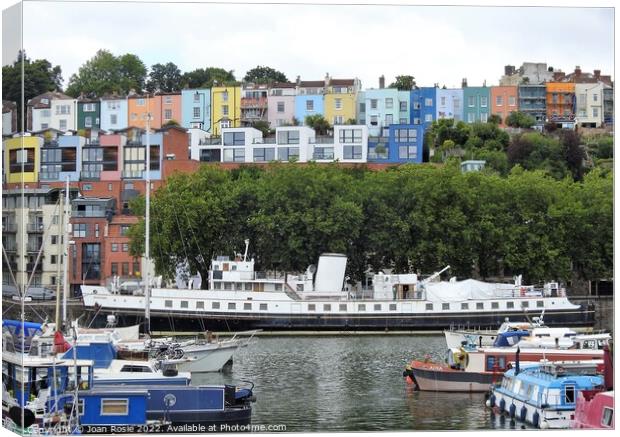 MV Balmoral moored below rows of coloured houses in the floating harbour, Bristol Canvas Print by Joan Rosie