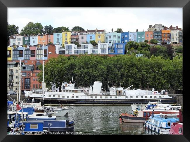MV Balmoral moored below rows of coloured houses in the floating harbour, Bristol Framed Print by Joan Rosie