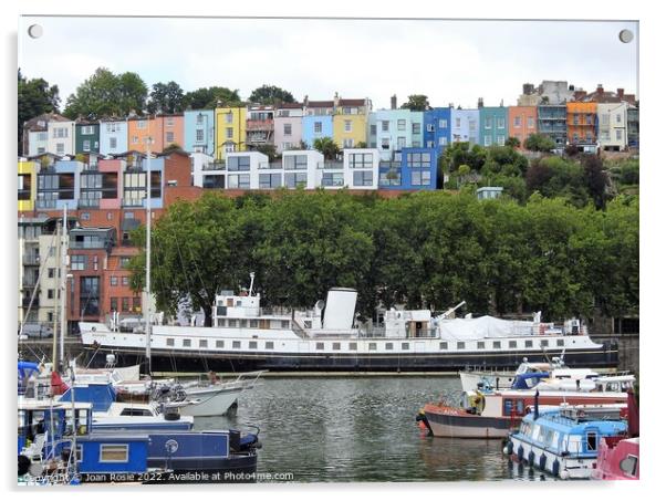 MV Balmoral moored below rows of coloured houses in the floating harbour, Bristol Acrylic by Joan Rosie