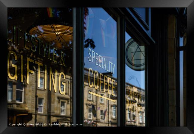Speciality Coffee Shop Window Reflections. Framed Print by Steve Gill