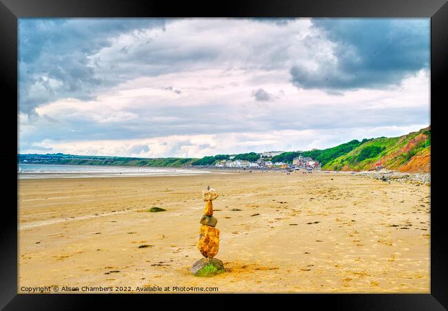Filey Bay Balancing Stones 1 Framed Print by Alison Chambers