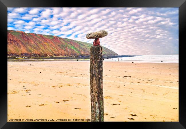 Filey Bay Balancing Stones 2 Framed Print by Alison Chambers
