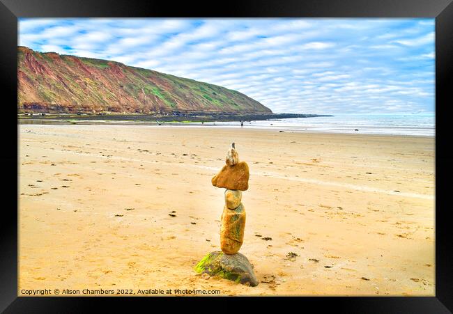 Filey Bay Balancing Stones 3 Framed Print by Alison Chambers