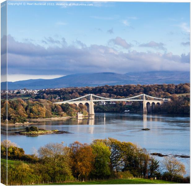 Menai Suspension Bridge Anglesey Coast Wales Canvas Print by Pearl Bucknall