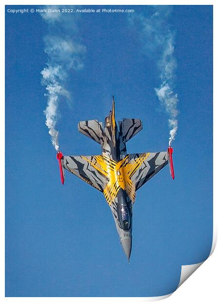 A F16 airplane that is flying in the air with smoke coming out of it Print by Mark Dunn