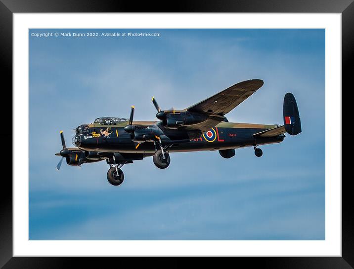 RAF Lancaster Aircraft in flight with wheels down Framed Mounted Print by Mark Dunn