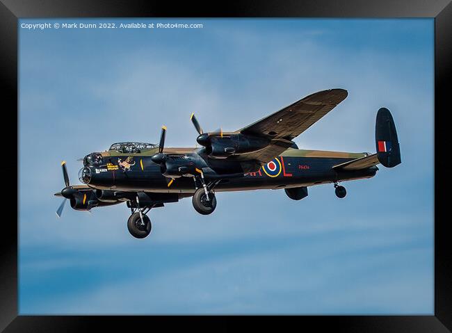 RAF Lancaster Aircraft in flight with wheels down Framed Print by Mark Dunn