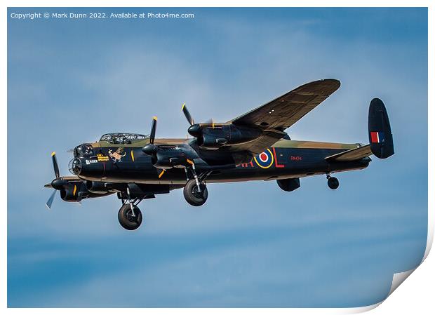RAF Lancaster Aircraft in flight with wheels down Print by Mark Dunn