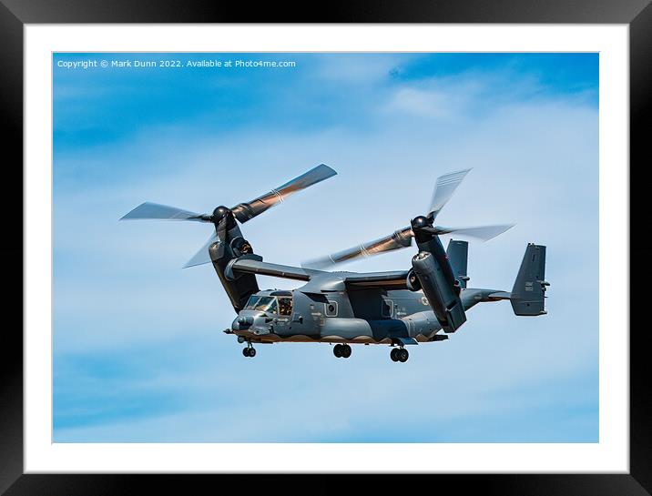 Osprey Military Helicopter in flight Framed Mounted Print by Mark Dunn