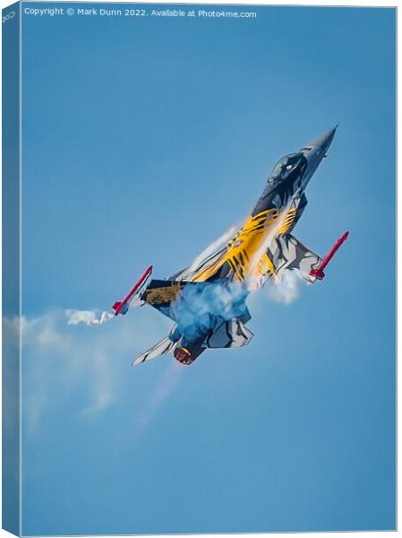 F16 Military Fight Aircraft in vertical flight with smoke Canvas Print by Mark Dunn