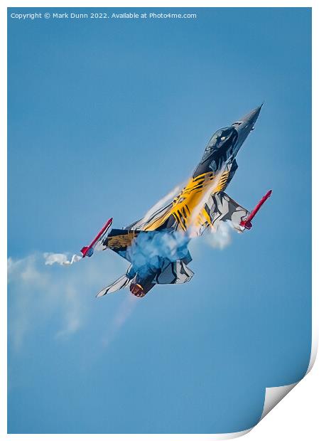 F16 Military Fight Aircraft in vertical flight with smoke Print by Mark Dunn