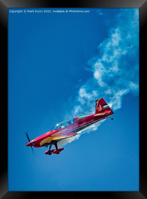 Royal Jordanian Falcons aircraft in dive with smoke Framed Print by Mark Dunn
