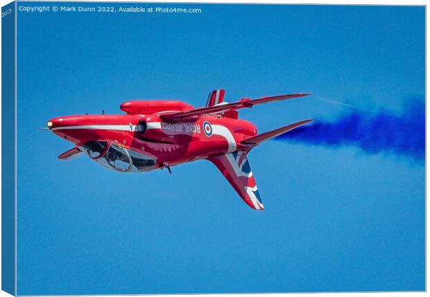 RAF Red Arrow Hawk in inverted flight with blue smoke Canvas Print by Mark Dunn