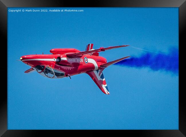 RAF Red Arrow Hawk in inverted flight with blue smoke Framed Print by Mark Dunn