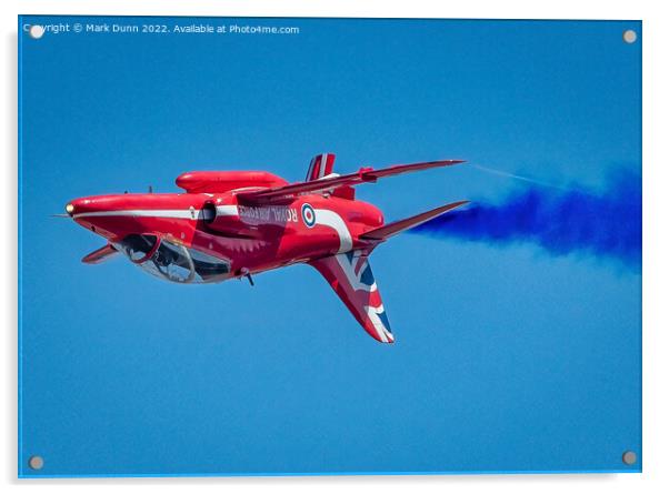 RAF Red Arrow Hawk in inverted flight with blue smoke Acrylic by Mark Dunn