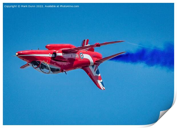 RAF Red Arrow Hawk in inverted flight with blue smoke Print by Mark Dunn
