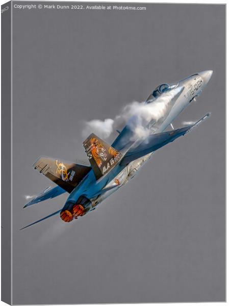 F18 Military Fighter Aircraft in climb with smoke on grey background Canvas Print by Mark Dunn