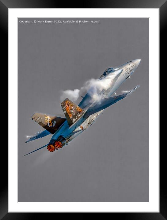F18 Military Fighter Aircraft in climb with smoke on grey background Framed Mounted Print by Mark Dunn