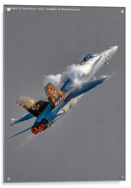 F18 Military Fighter Aircraft in climb with smoke on grey background Acrylic by Mark Dunn