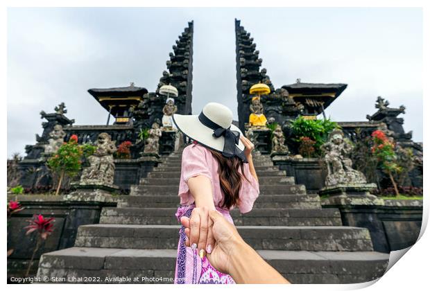 Women tourists holding man's hand  Print by Stan Lihai
