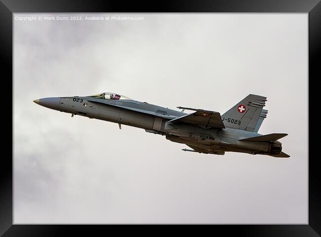 Swiss Military F18 Hornet Aircraft in flight Framed Print by Mark Dunn