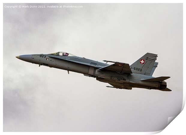 Swiss Military F18 Hornet Aircraft in flight Print by Mark Dunn