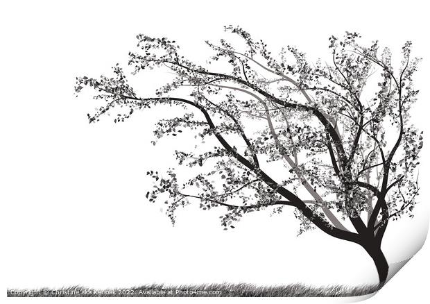 Monochrome windblown tree and grass silhouette Print by Christine Kerioak