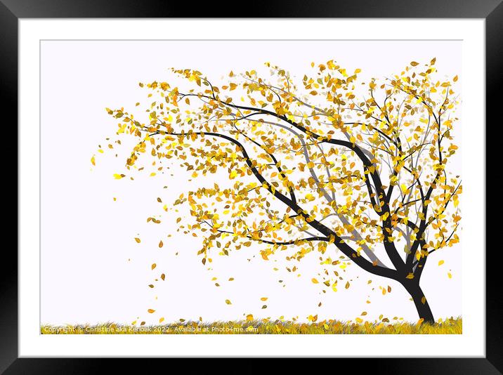 Autumn Tree with Falling Leaves Ilustration Framed Mounted Print by Christine Kerioak