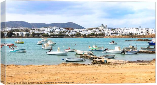 Naoussa Paros Fishing Boats Canvas Print by Julie Gresty