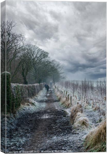 Ramblers Walking Along a Long Muddy Path on a Misty Winter Morning. Canvas Print by Steve Gill